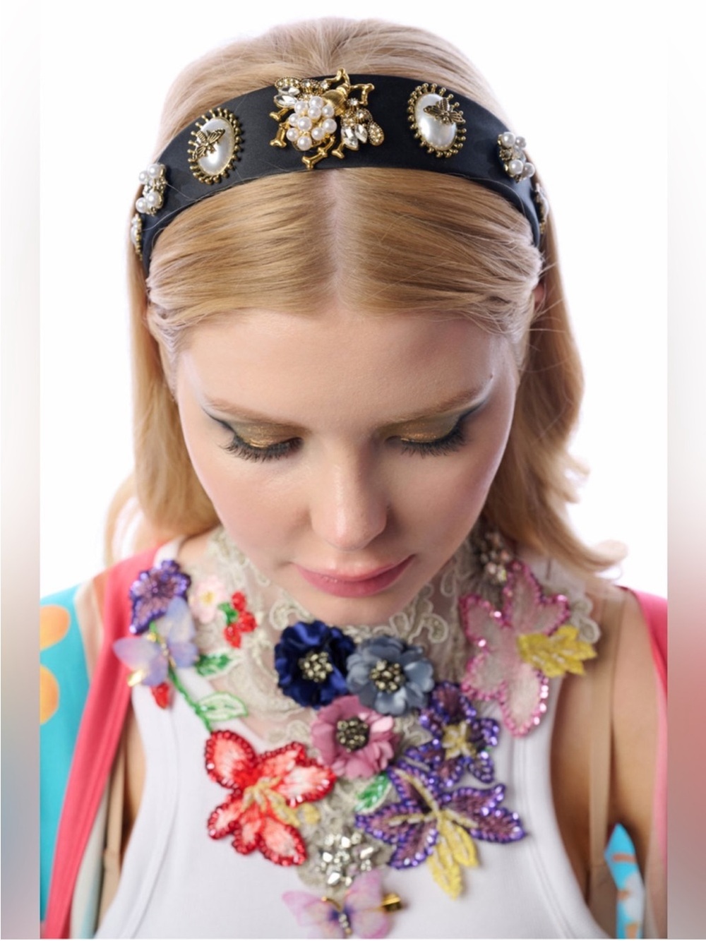 New! Countess Jewel Satin Headband Bejeweled Bee and Faux Pearl Cluster